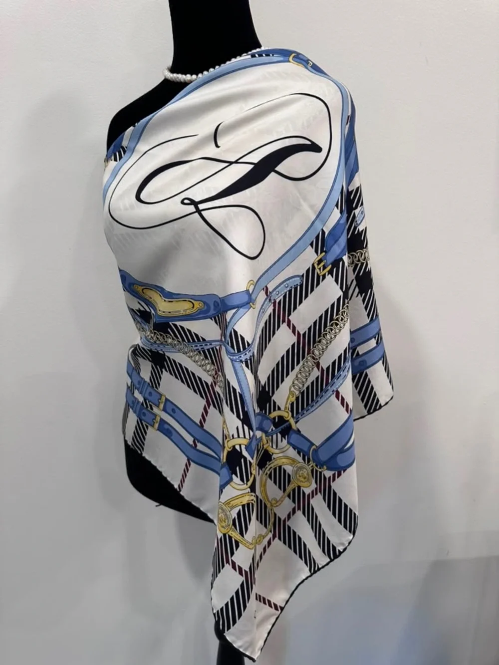Elegant Blue & White Silk Scarf with Chain Print